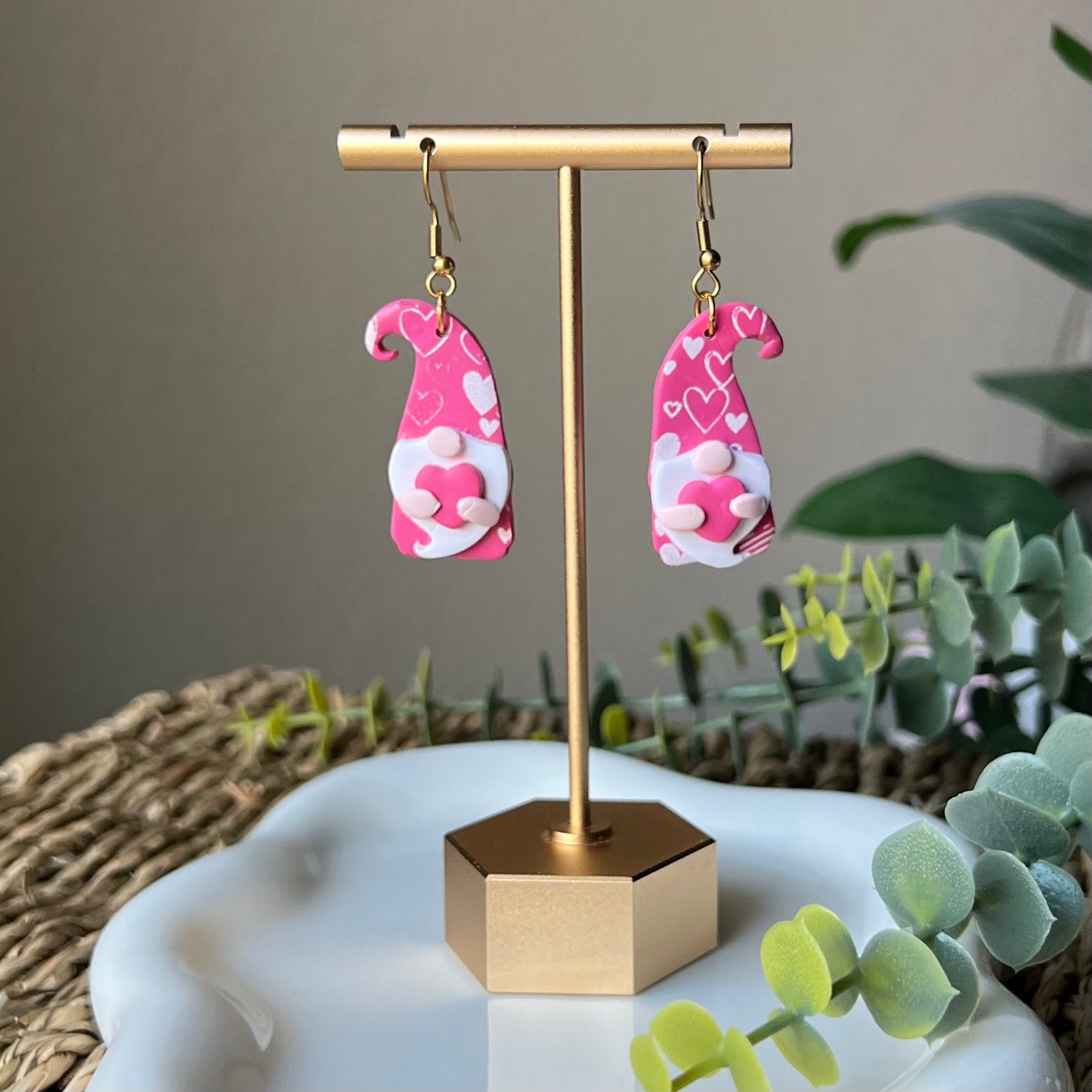 Pink Heart Gnome Polymer Clay Dangle Earrings