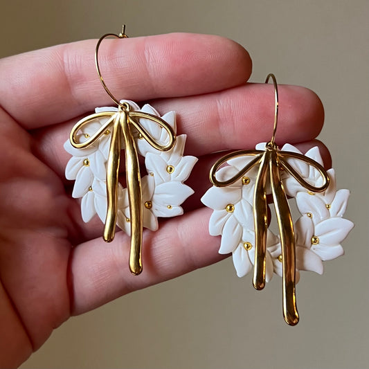 White Christmas Wreath Polymer Clay Hoop Earrings