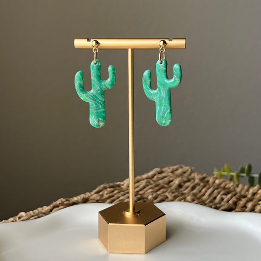 Green Marbled Cactus Polymer Clay Dangle Earrings