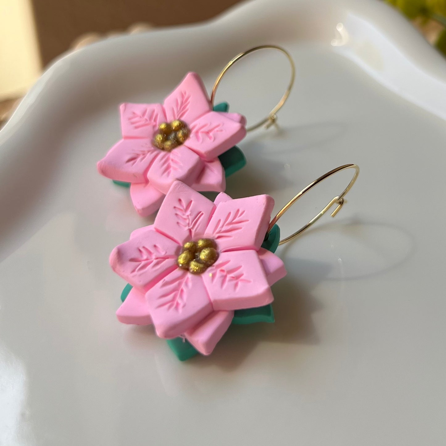 Pink Christmas Poinsettia Polymer Clay Hoop Earrings