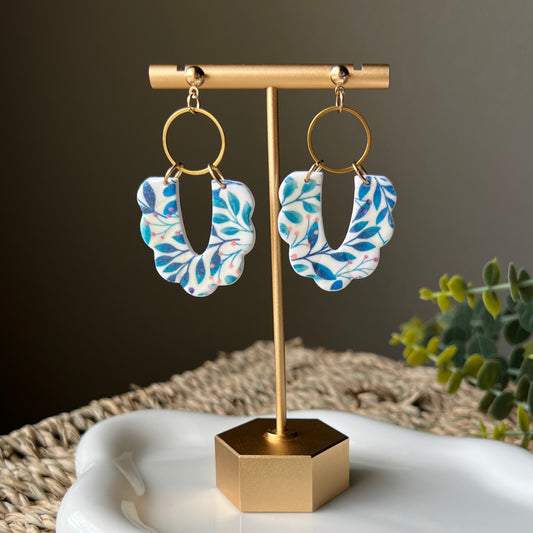 Spring Floral Print Scalloped Polymer Clay Dangle Earrings