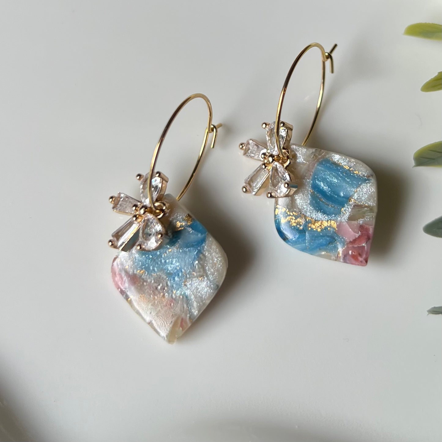 Marbled Polymer Clay Heart Dangle Earrings with CZ Bow on Gold Plated Hoops