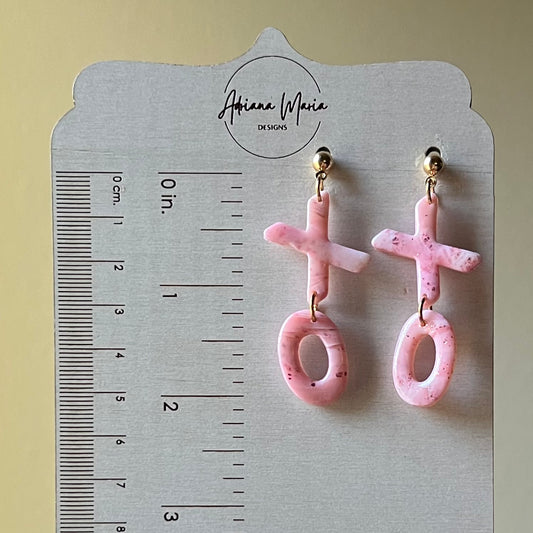 Polymer Clay Earrings - Soft Pink Marbled XOXO Lightweight Dangles