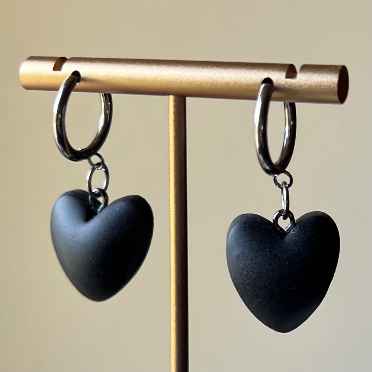 Black Puffy Huggie Hoop Heart Clay Earrings