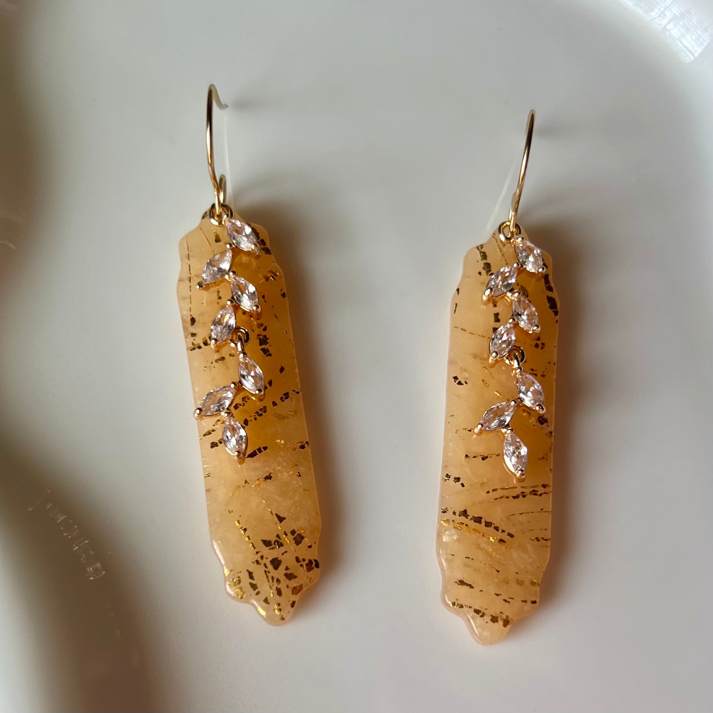Beige Translucent Bar & CZ Vine Pendant Polymer Clay Dangle Earrings