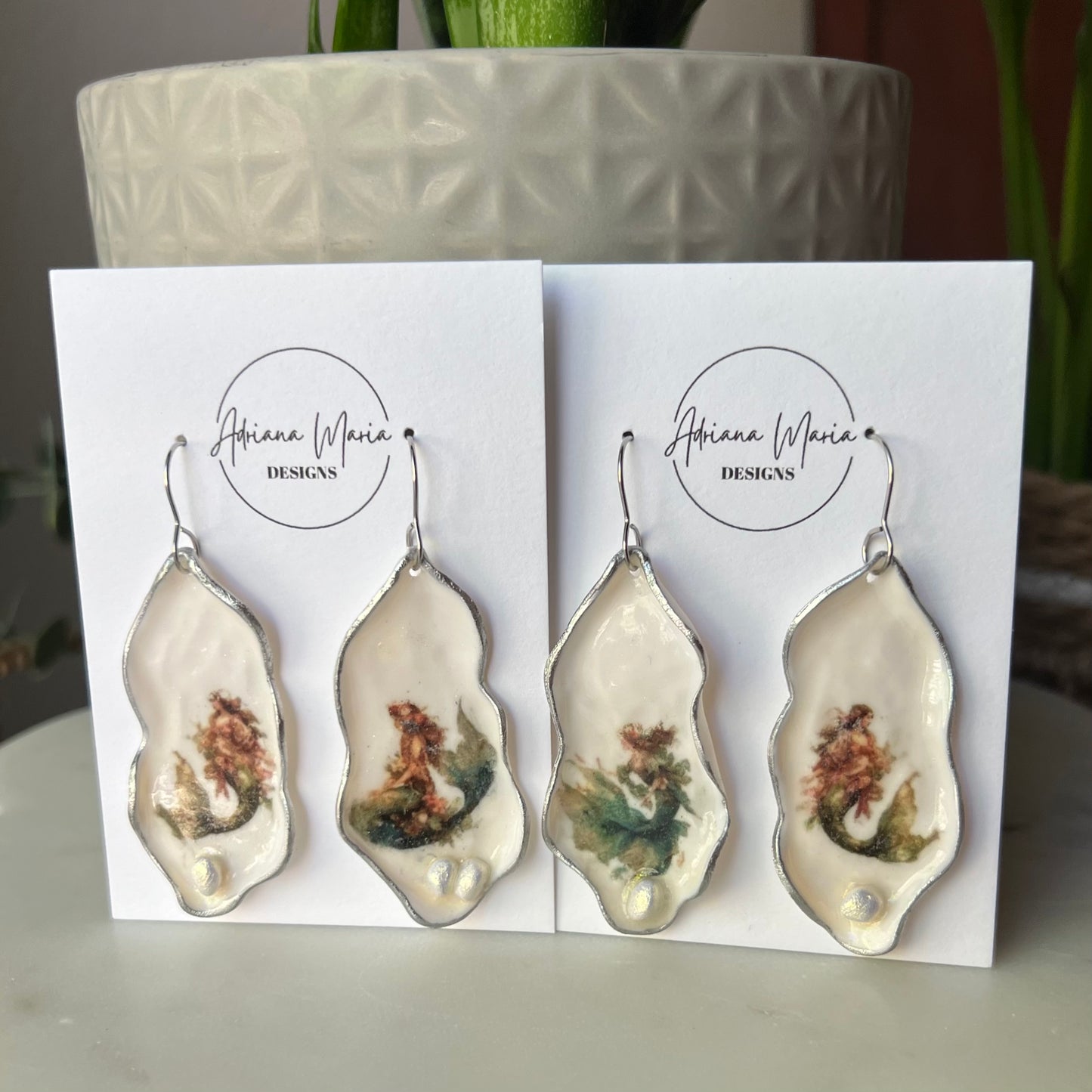 Oyster Clay Earrings with Whimsical Mermaid Print, Lightweight Dangles