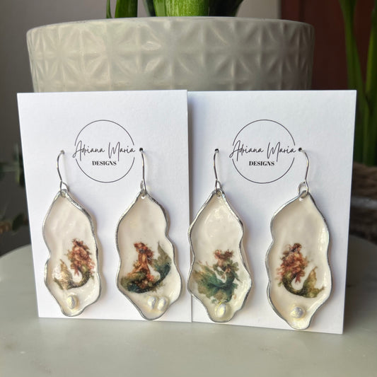 Oyster Clay Earrings with Whimsical Mermaid Print, Lightweight Dangles