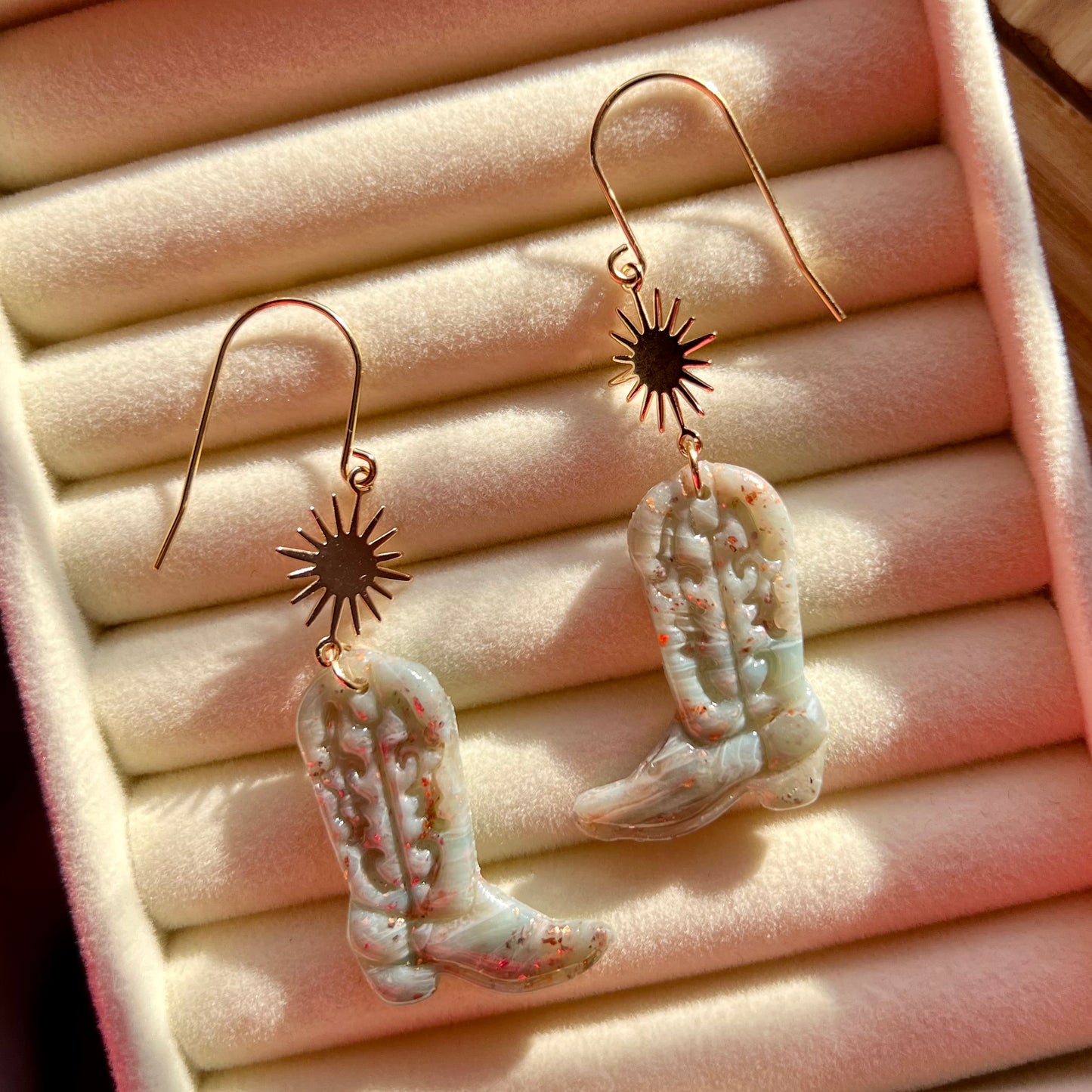 Ethereal Waves Collection: Cowgirl Sunburst Boot Polymer Clay Earrings