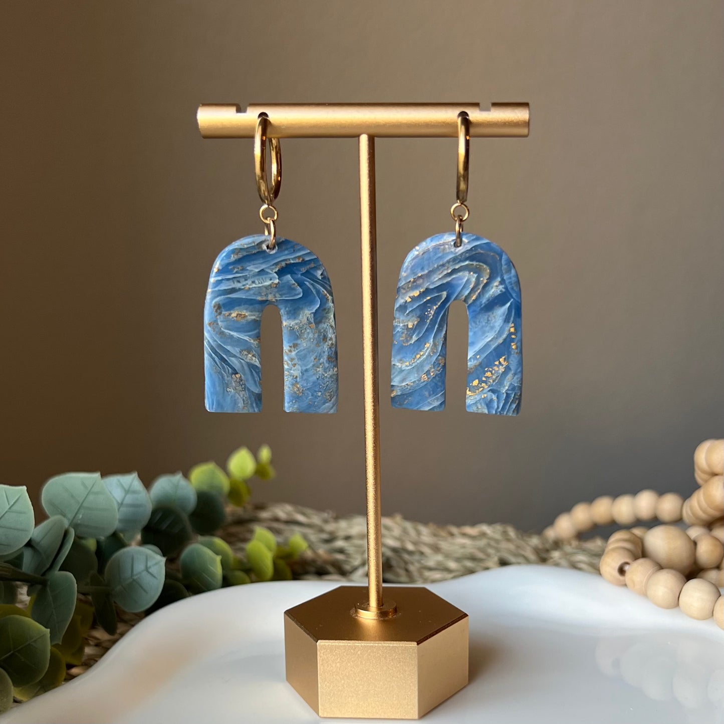 Blue Agate Marbled Arches Polymer Clay Huggie Hoop Earrings