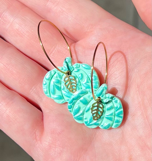 Polymer Clay Earrings - Mint Green Floral Embossed Pumpkin with Gold Brass Leaf