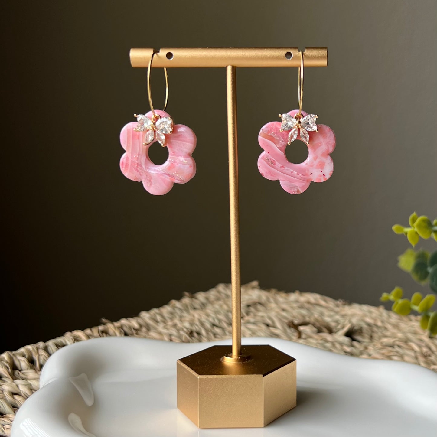 Rose Quartz Inspired Retro Flower  Polymer Clay Hoop Earrings