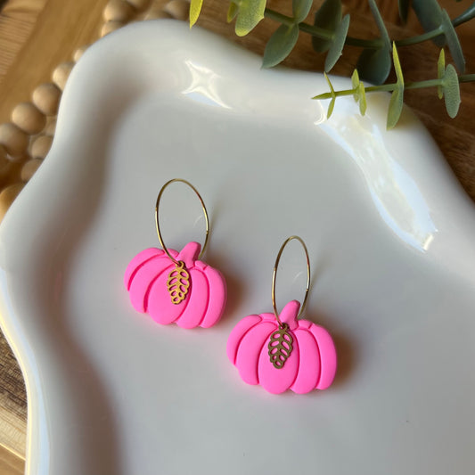 Bright Pink Pumpkin Polymer Clay Hoop Earrings - October Breast Cancer Awareness