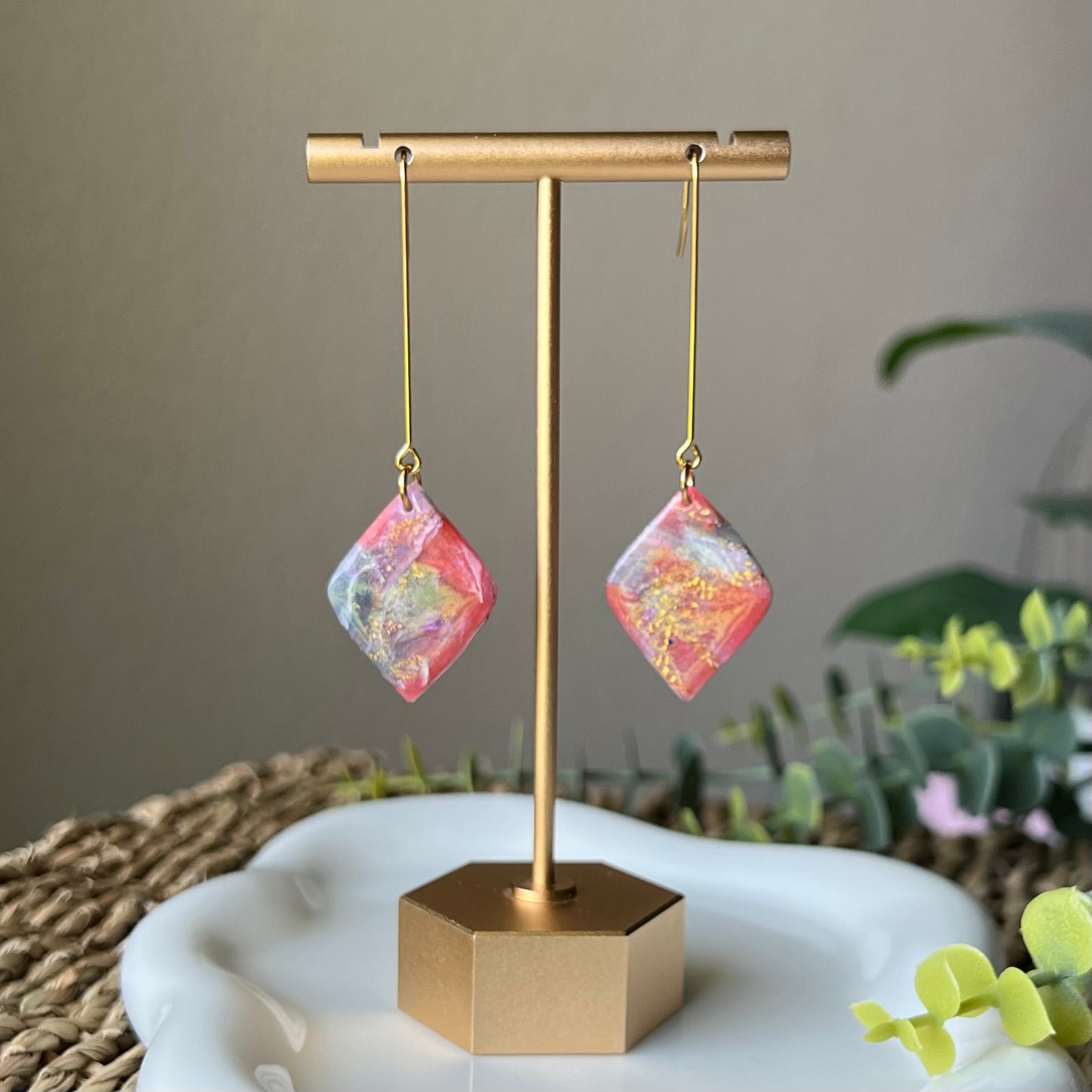 Polymer Clay Earrings - Rosso Marbled Lightweight Dangles