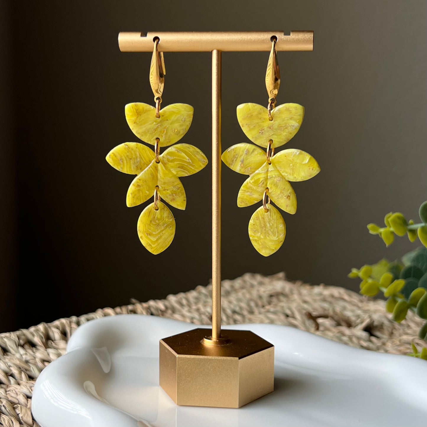 Yellow Marbled Polymer Clay Statement Earrings