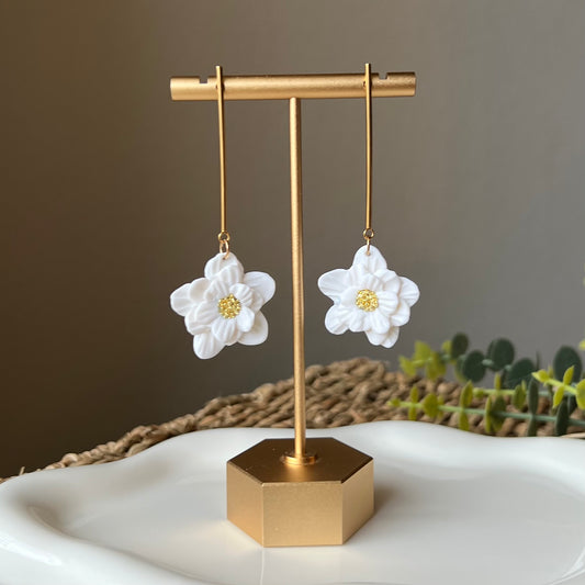 White Flower Drops Polymer Clay Earrings
