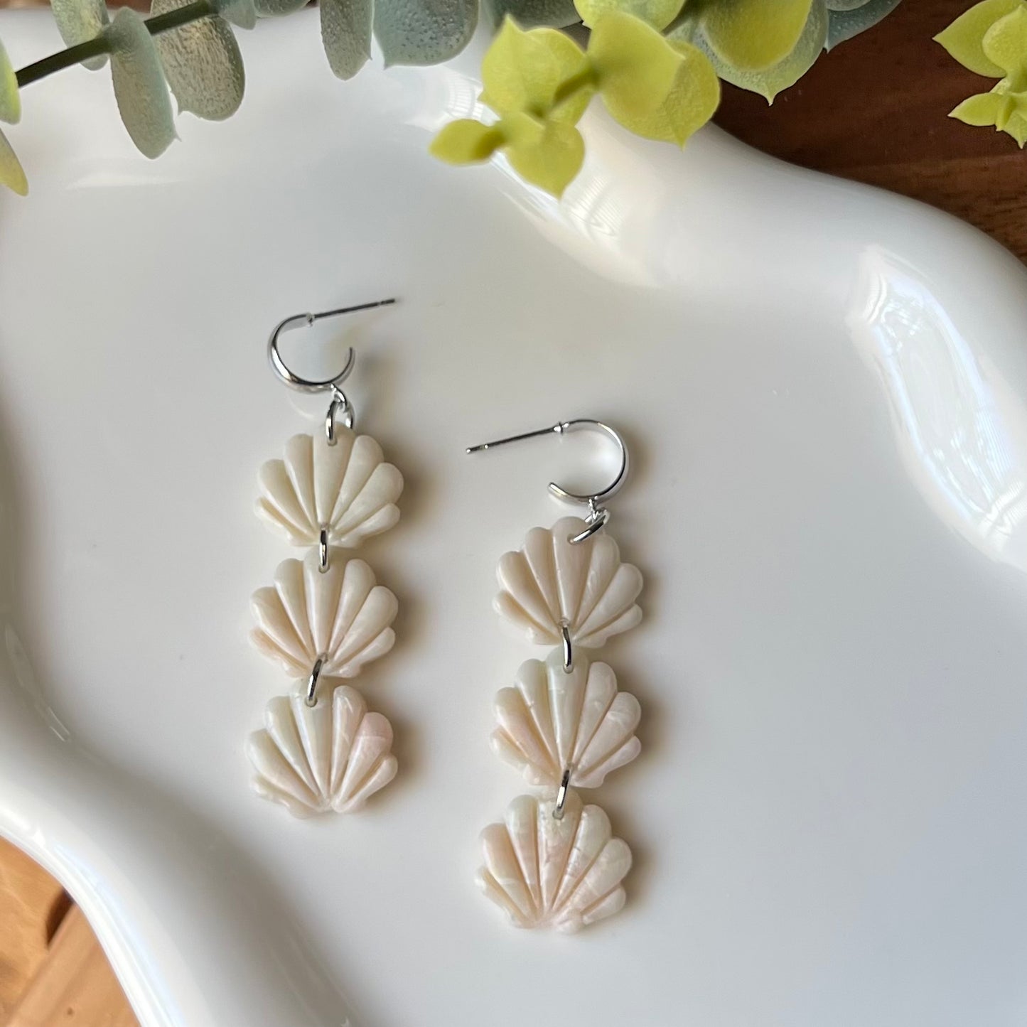 Trio of Seashells Polymer Clay Half Hoop Dangle Earrings