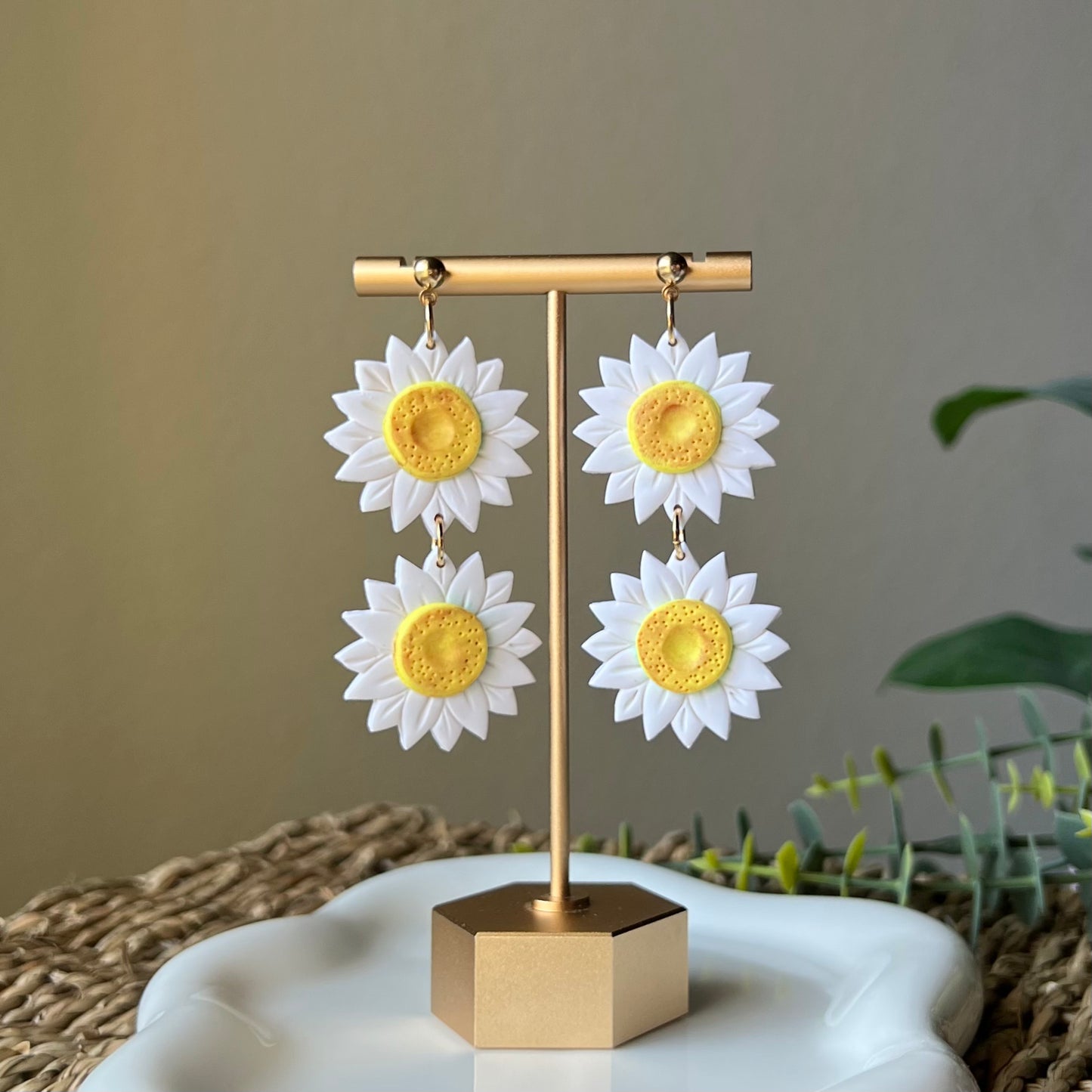 Polymer Clay Earrings - Large White Daisy Statement Lightweight Dangles