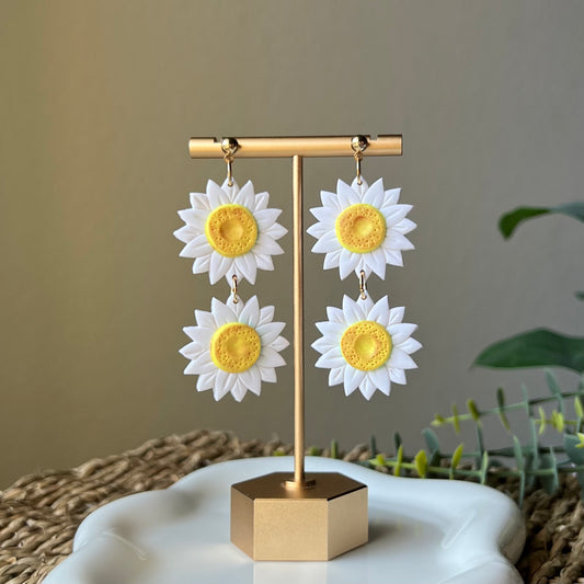Polymer Clay Earrings - Large White Daisy Statement Lightweight Dangles