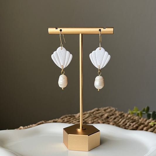 White Shell & Freshwater Pearl Polymer Clay Dangle Earrings