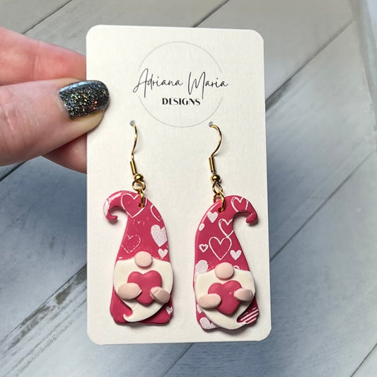 Pink Heart Gnome Polymer Clay Dangle Earrings