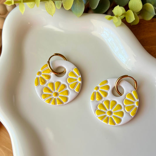 Yellow Painted Petals Polymer Clay Hoop Earrings