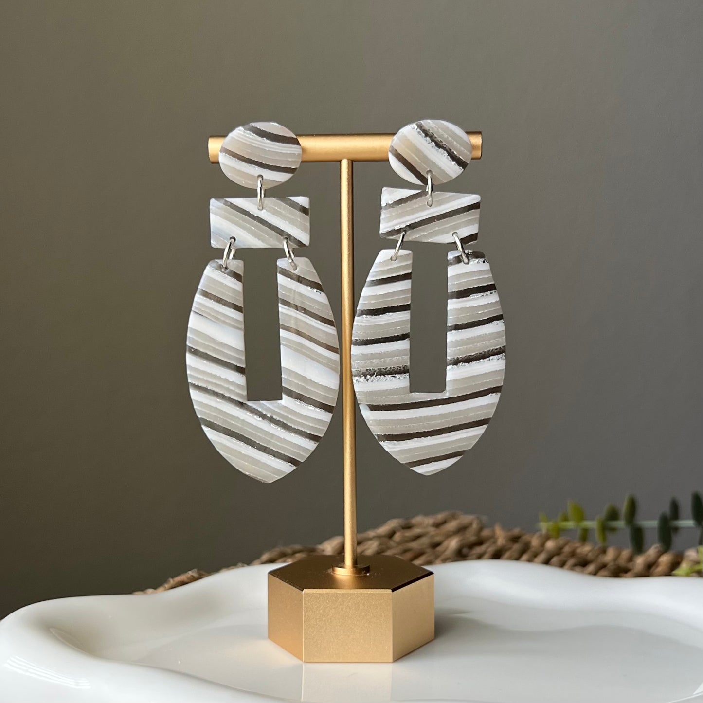 Neutral Stripes Translucent Polymer Clay Statement Earrings