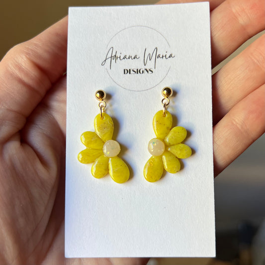 Yellow Marbled Half Daisy Polymer Clay Earrings