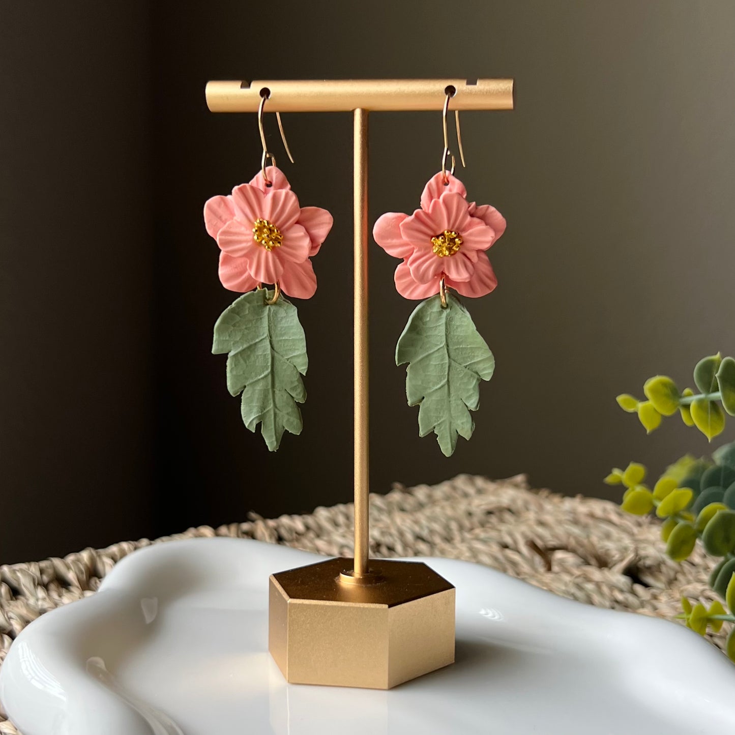 Coral Pink Flower Dangle Clay Earrings