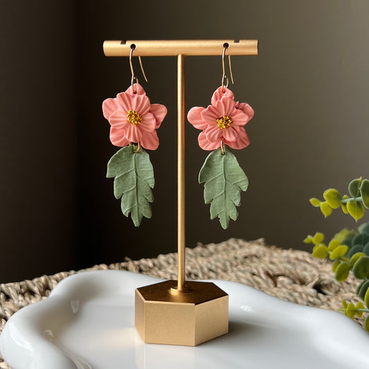 Coral Pink Flower Dangle Clay Earrings