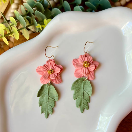 Coral Pink Flower Dangle Clay Earrings