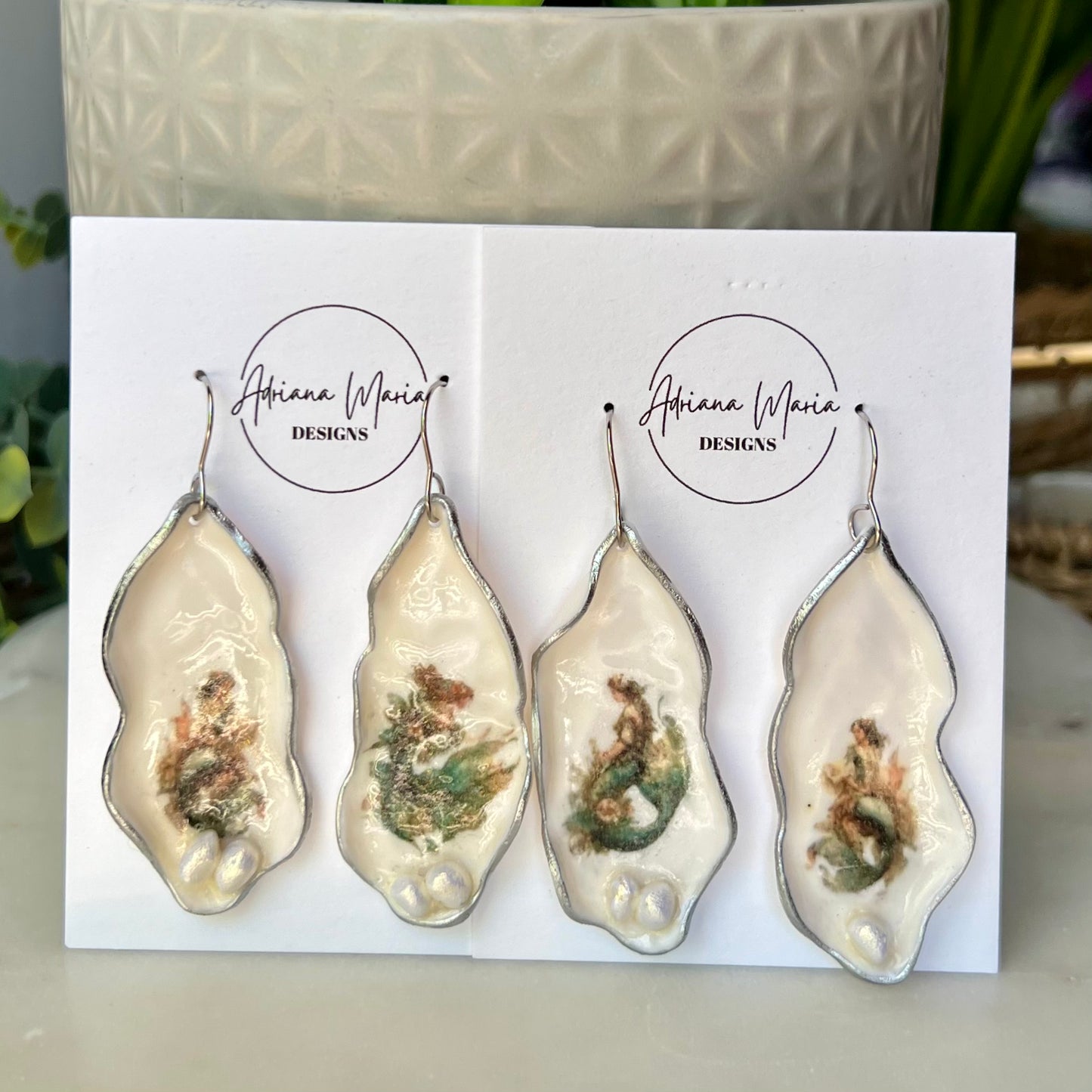Oyster Clay Earrings with Whimsical Mermaid Print, Lightweight Dangles