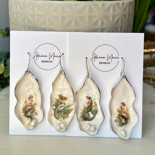 Oyster Clay Earrings with Whimsical Mermaid Print, Lightweight Dangles