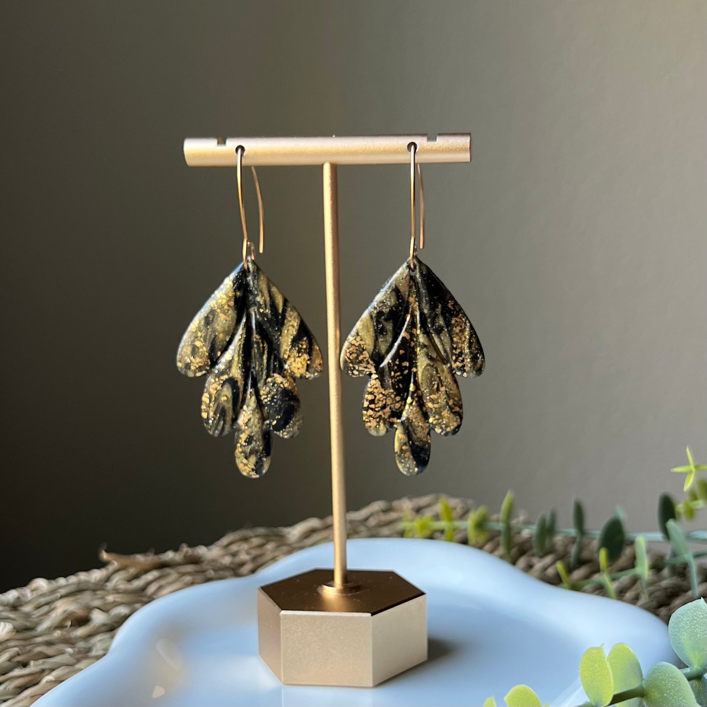 Black & Gold Leaf Polymer Clay Earrings