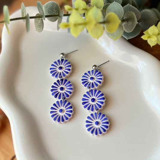 Blue Painted Petals Trio Polymer Clay Dangle Earrings