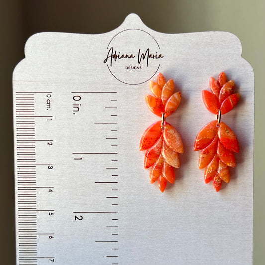 Polymer Clay Earrings - Orange Marbled Agate-inspired Autumn Leaf Dangles