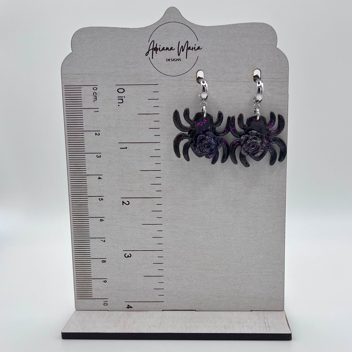 Black & Purple Spider with Rose Polymer Clay Half Hoop Earrings