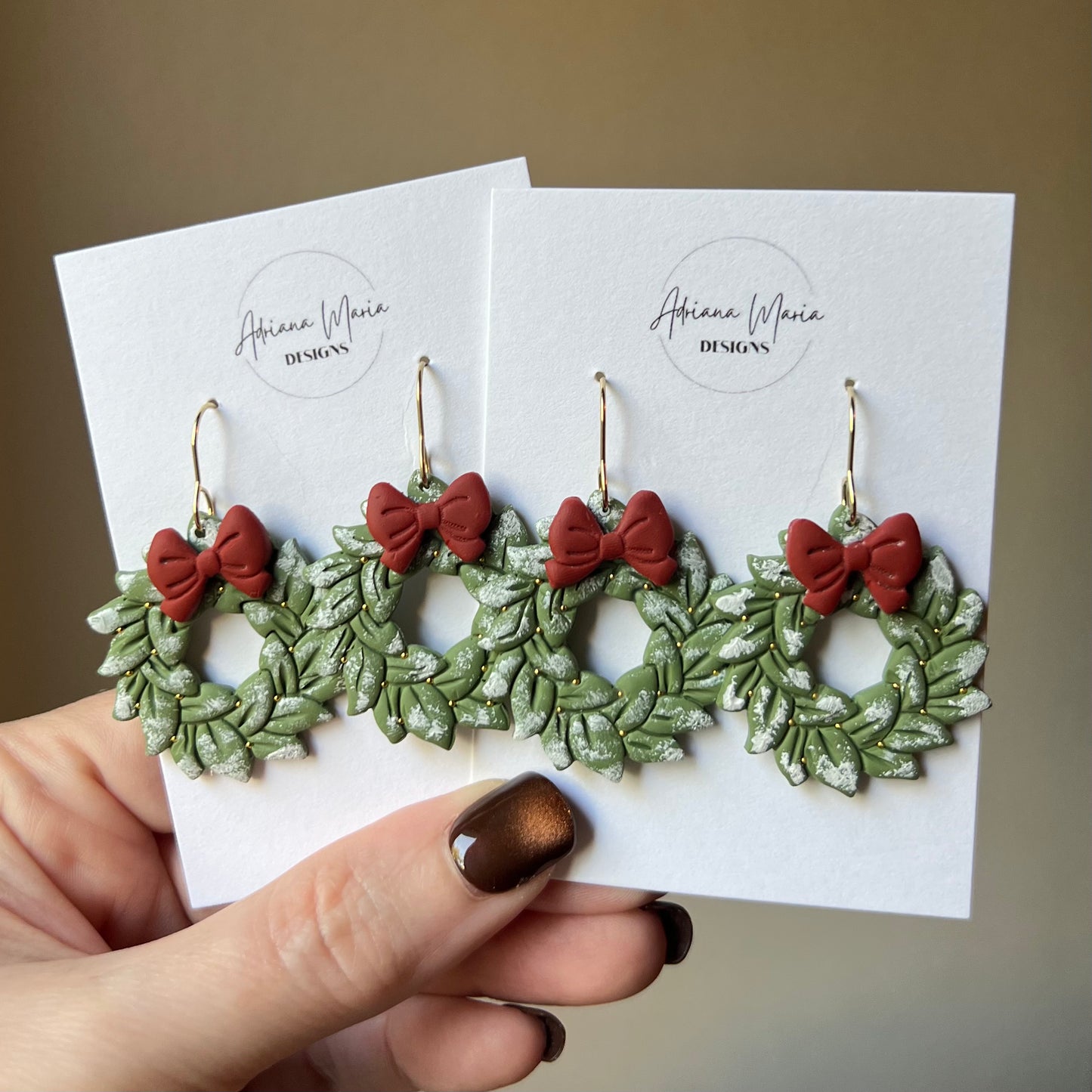 Green Snowy Wreath & Red Bow Clay Dangle Earrings