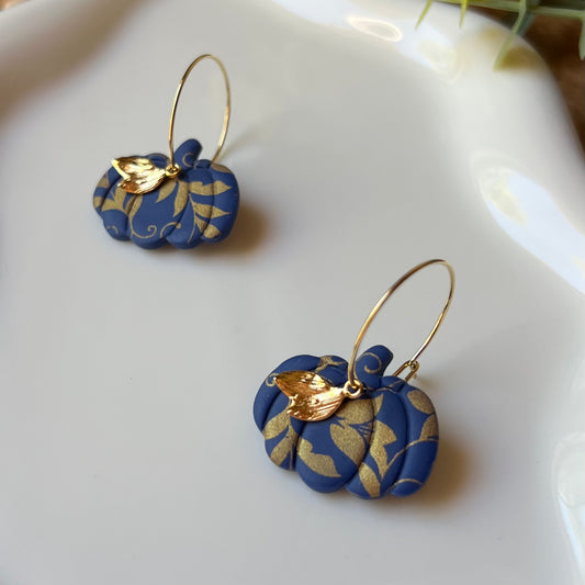 Navy Blue & Gold Floral Pumpkin Clay Hoop Earrings