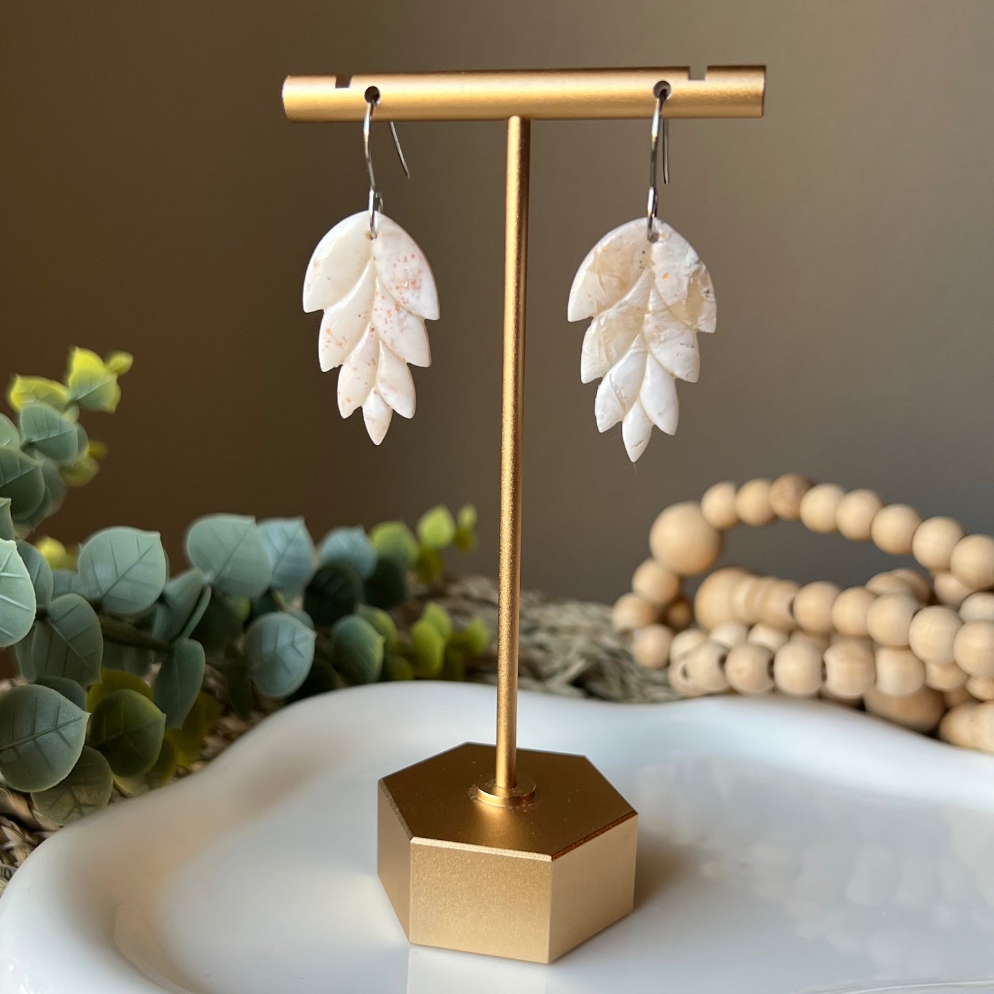 Warm Ivory Leaf Clay Earrings