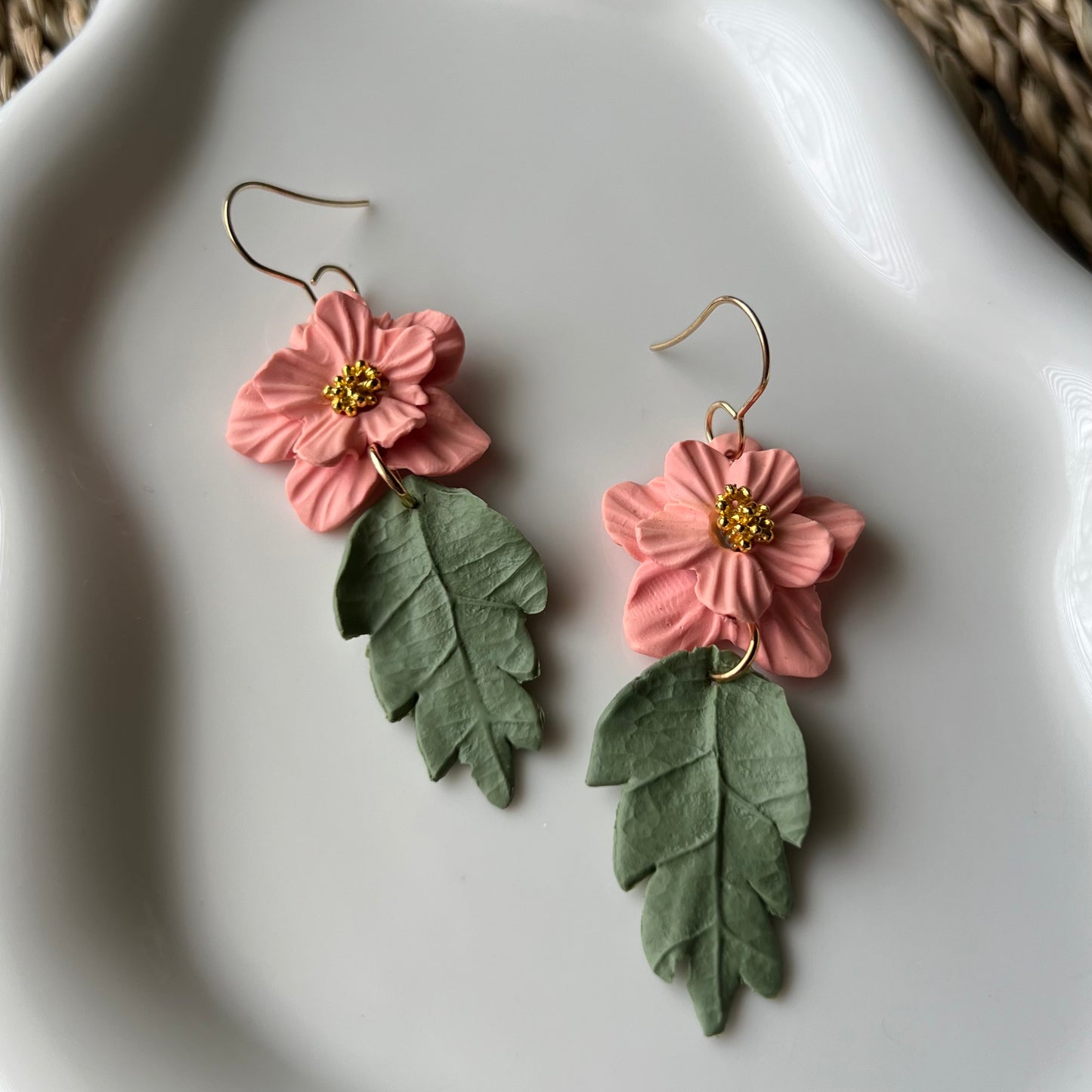 Coral Pink Flower Dangle Clay Earrings