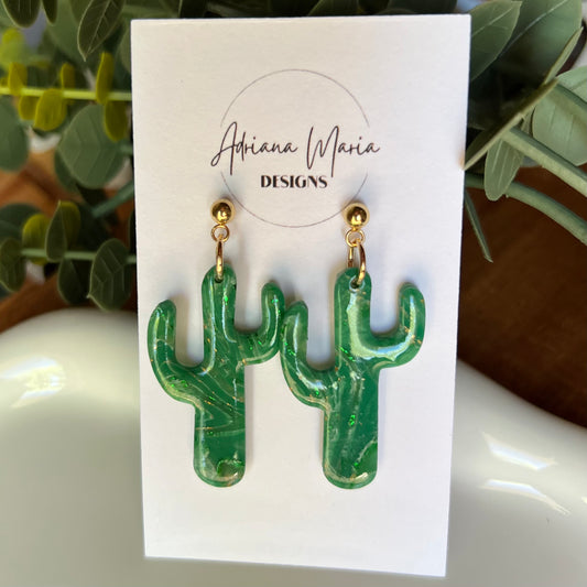 Green Marbled Cactus Polymer Clay Earrings
