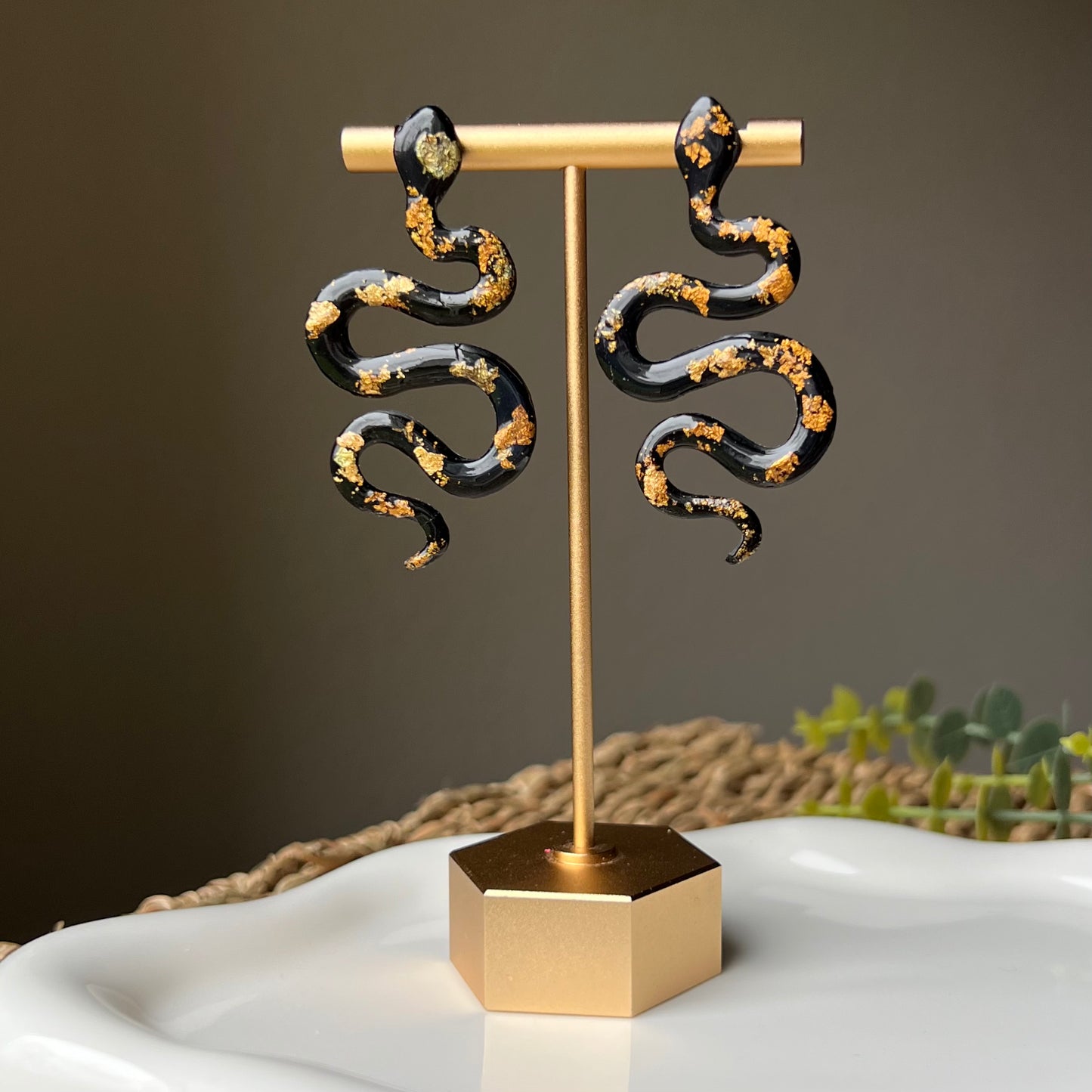 Black & Metallic Snake Polymer Clay Stud Earrings