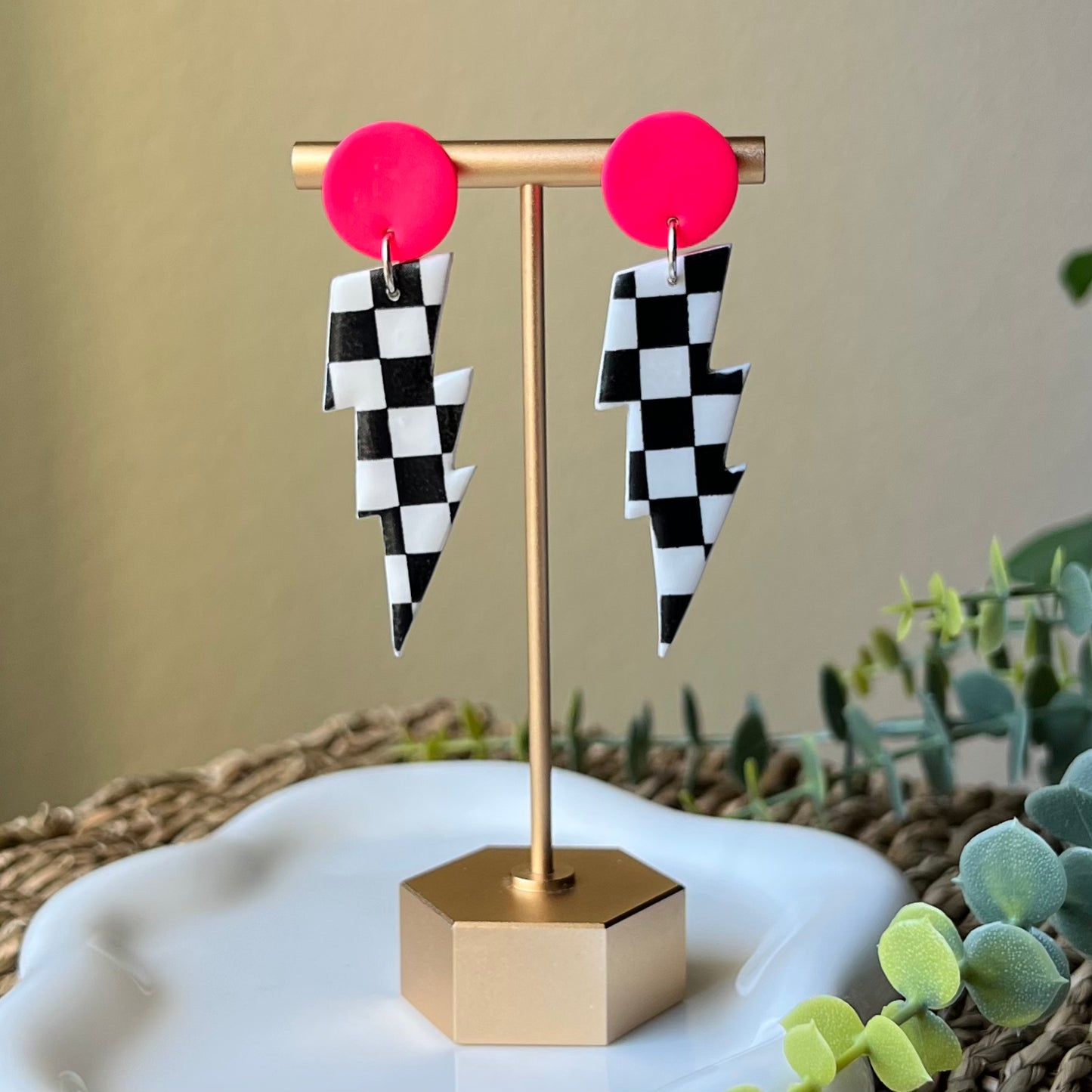 Neon Pink and Checkered Lightning Bolt Clay Dangle Earrings