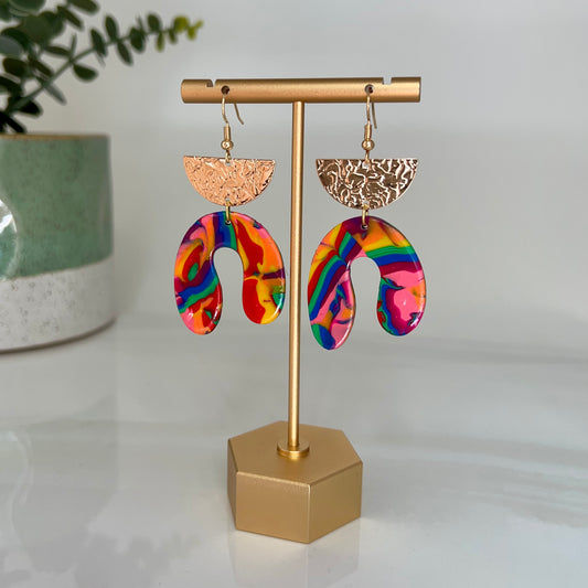 Abstract Rainbow Mokume Gane Organic Arch Earrings