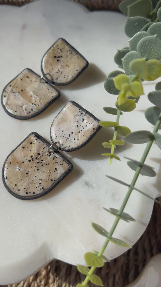 Neutral Marbled Organic Stone Polymer Clay Earrings – Black Speckled Lightweight Statement Dangles
